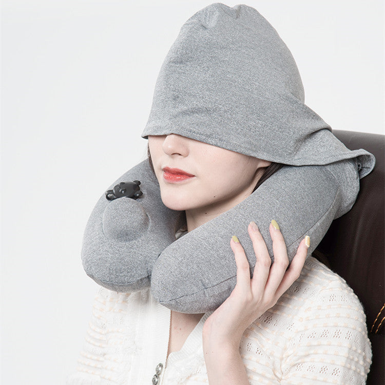 Portable Men And Women Travel Hooded Inflatable U-shaped Pillow